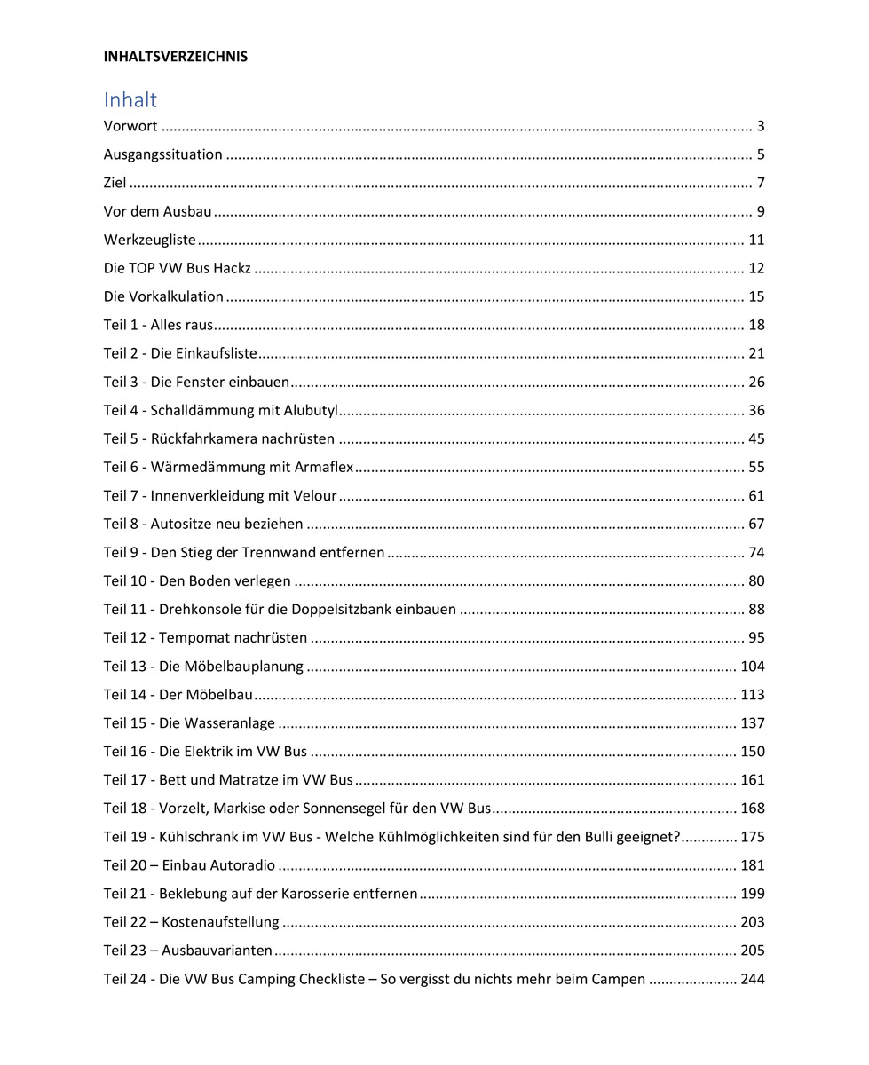 T5 Ausbau Anleitung Inhaltsverzeichnis
